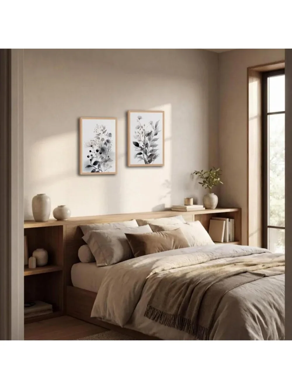 Set of 2 Framed Botanical Wall Art - Neutral Floral Canvas Prints 16x24